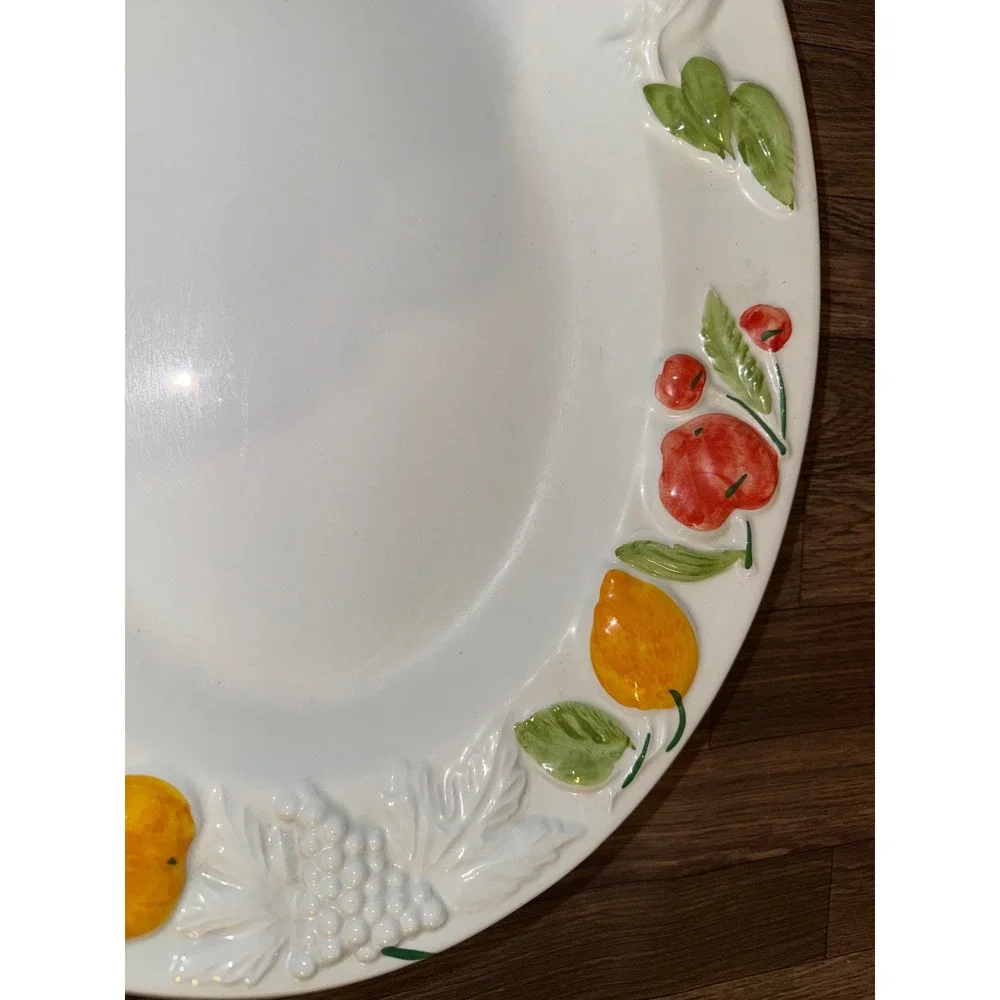 Antica Fornace Italy Embossed Fruit‎ Ceramic Oval Serving Platter White 18.5in